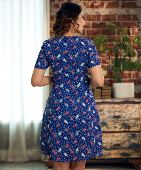 Front Buttoned Short Sleeve Printed Dress